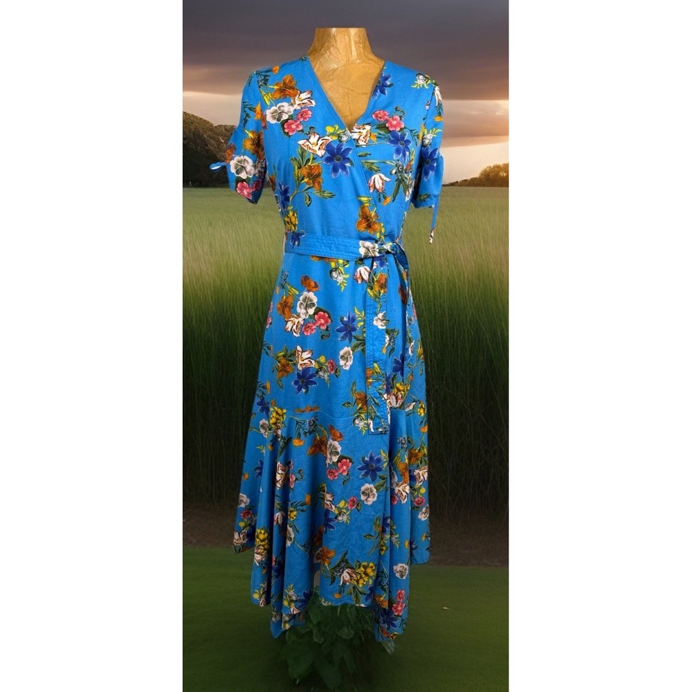 Calvin Klein Blue Cornflower Floral Faux Wrap Dress Size 4 Cottagecore